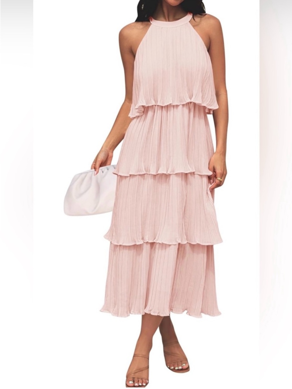 Zesica NWOT Tiered Halter Sleeveless Pleated Midi Dress Light Pink Size M